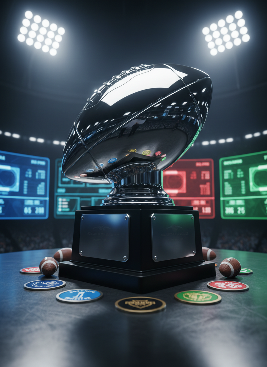 A dominant, gleaming fantasy football championship trophy shaped like an oversized chrome football mounted on a heavy black pedestal, engraved plates subtly visible but unreadable. It stands on a dark, brushed metal table surrounded by scattered mini footballs, color-coded league badges, and abstract scoreboard graphics on sleek holographic displays in the background. Intense stadium-style lighting from above creates sharp highlights on the polished metal and bold, dramatic shadows beneath. Shot from a low-angle, slightly off-center composition with shallow depth of field, the trophy feels powerful and heroic. The atmosphere is bold and competitive, with vivid team colors glowing softly in the blurred background, captured in high-contrast photographic realism.