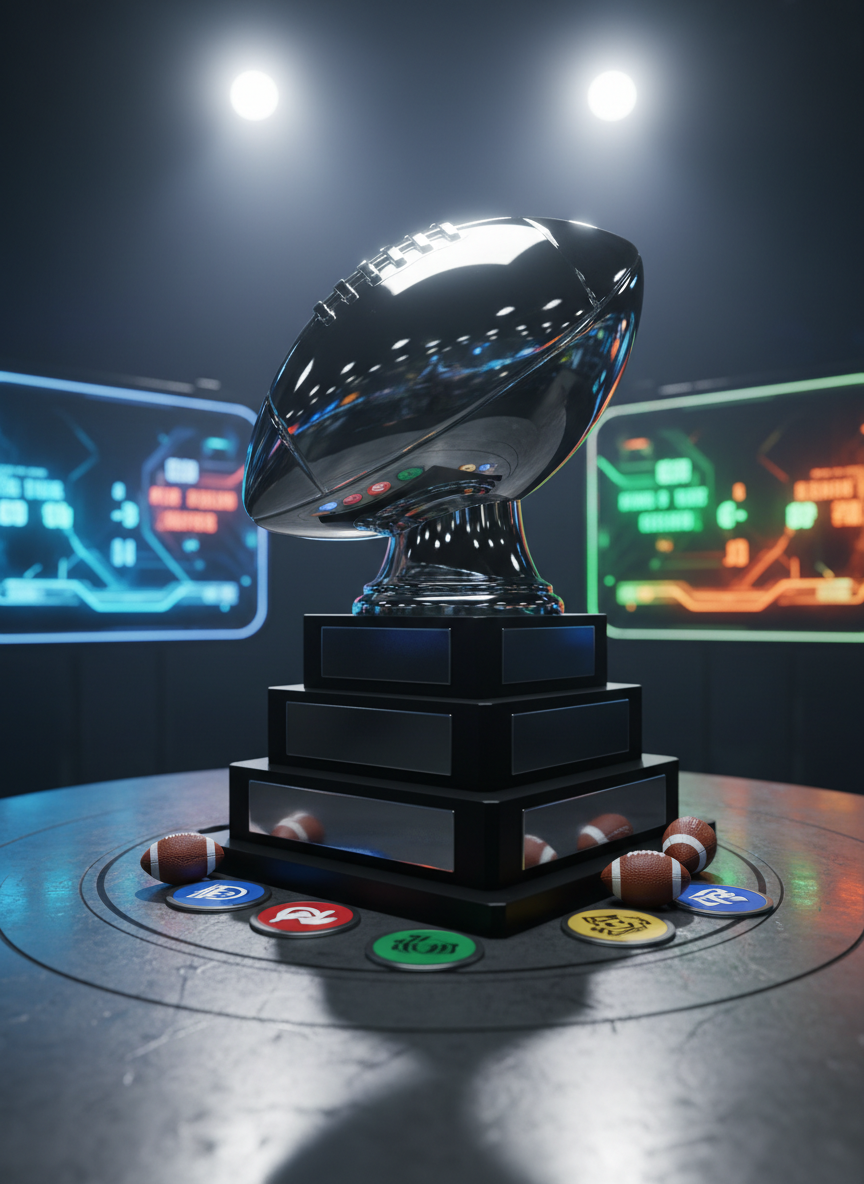 A dominant, gleaming fantasy football championship trophy shaped like an oversized chrome football mounted on a heavy black pedestal, engraved plates subtly visible but unreadable. It stands on a dark, brushed metal table surrounded by scattered mini footballs, color-coded league badges, and abstract scoreboard graphics on sleek holographic displays in the background. Intense stadium-style lighting from above creates sharp highlights on the polished metal and bold, dramatic shadows beneath. Shot from a low-angle, slightly off-center composition with shallow depth of field, the trophy feels powerful and heroic. The atmosphere is bold and competitive, with vivid team colors glowing softly in the blurred background, captured in high-contrast photographic realism.
