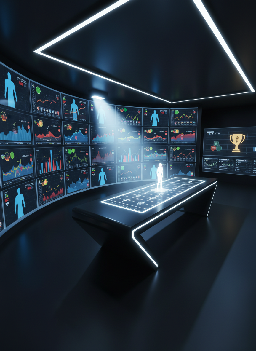 A vivid, photographic scene of a fantasy football waiver-wire war room: a curved wall of semi-transparent digital panels, each showing a player silhouette, colored priority badges, and abstract performance graphs, all floating above a matte-black control console. One player panel glows intensely, projecting beams of light onto a stylized digital football field rendered on the console surface. Overhead, cool white spotlights and subtle LED strips along the console edge create a high-tech, bold ambiance with crisp reflections and deep shadows. Shot from a three-quarter overhead angle with strong depth, the composition leads the eye from the highlighted player panel down to a distant trophy icon on the far screen, conveying strategy, urgency, and the thrill of making the winning waiver claim.