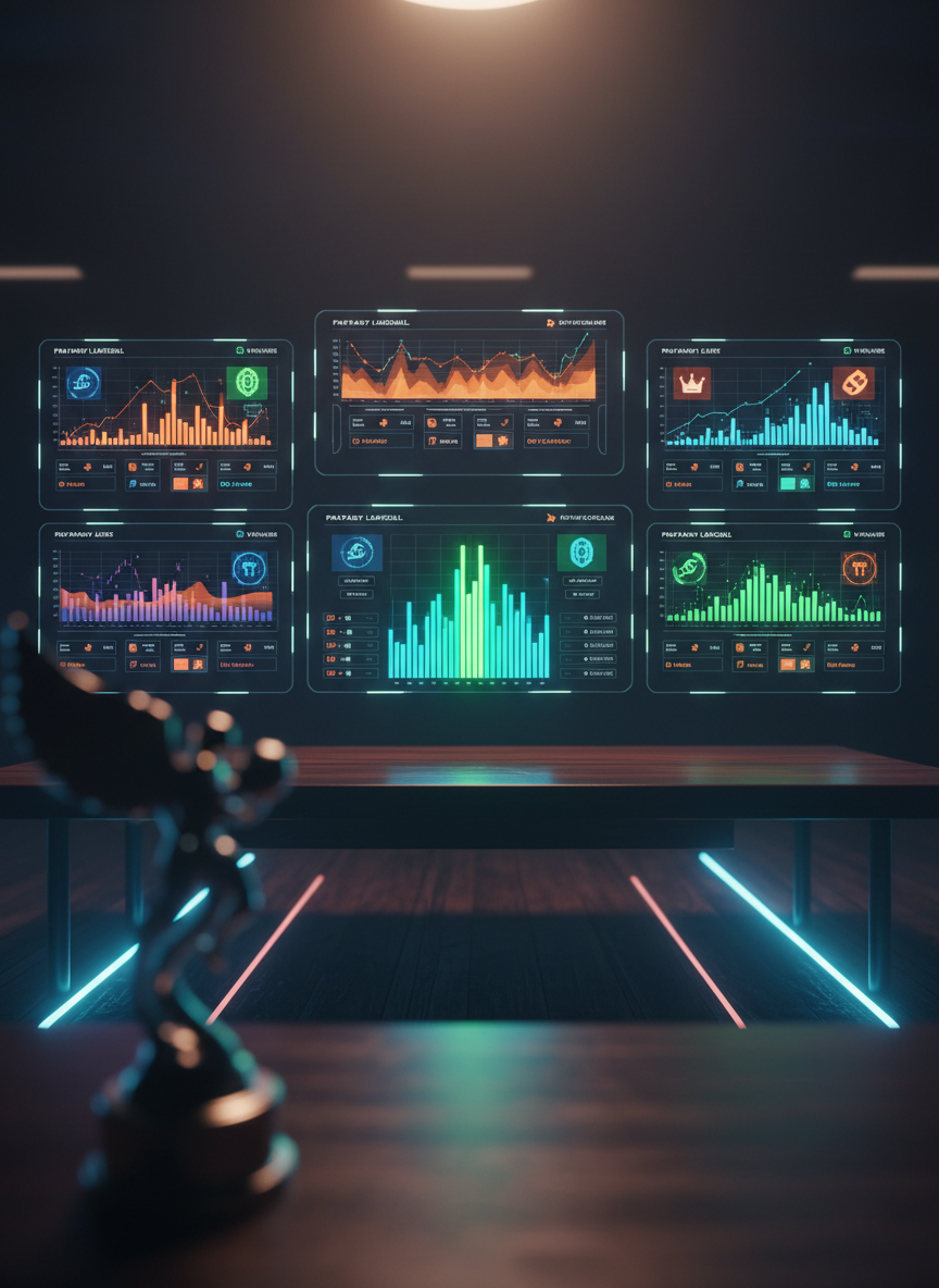 A wide, cinematic, photographic dashboard view of multiple fantasy football league standings displayed on ultra-modern, frameless digital screens floating over a dark wood desk. Each screen shows colored bars, graphs, and icon-based rankings instead of text, with one column glowing brighter to highlight a dominant team. A metallic fantasy trophy silhouette rests in the foreground, slightly out of focus, anchoring the composition. Cool blue and neon green accent lighting illuminates the scene from below, while a soft overhead light adds subtle reflections on the screen surfaces. Shot from a slightly elevated angle with sharp focus across the center screen and gentle bokeh at the edges, the mood is analytical yet intense, emphasizing strategy, progress, and the pursuit of league titles.