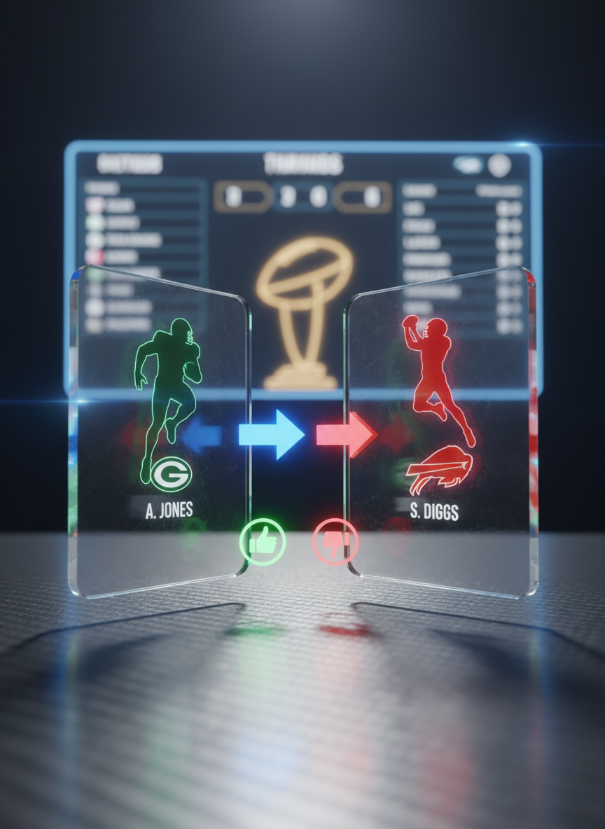 A high-impact, photographic close-up of a fantasy football trade decision scene: two sleek, transparent digital cards displaying star player silhouettes face each other above a carbon-fiber tabletop, with arrows and glowing icons indicating players moving between stylized team logos. The cards hover mid-air, bathed in dramatic side lighting that creates crisp reflections and a futuristic feel. In the blurred background, a large digital league scoreboard and trophy outline loom, hinting at season-long implications. Captured at eye level with a shallow depth of field, the focus is razor sharp on the cards’ textures and edges. The mood is bold and suspenseful, highlighting the tension and excitement of pulling off a blockbuster fantasy trade.