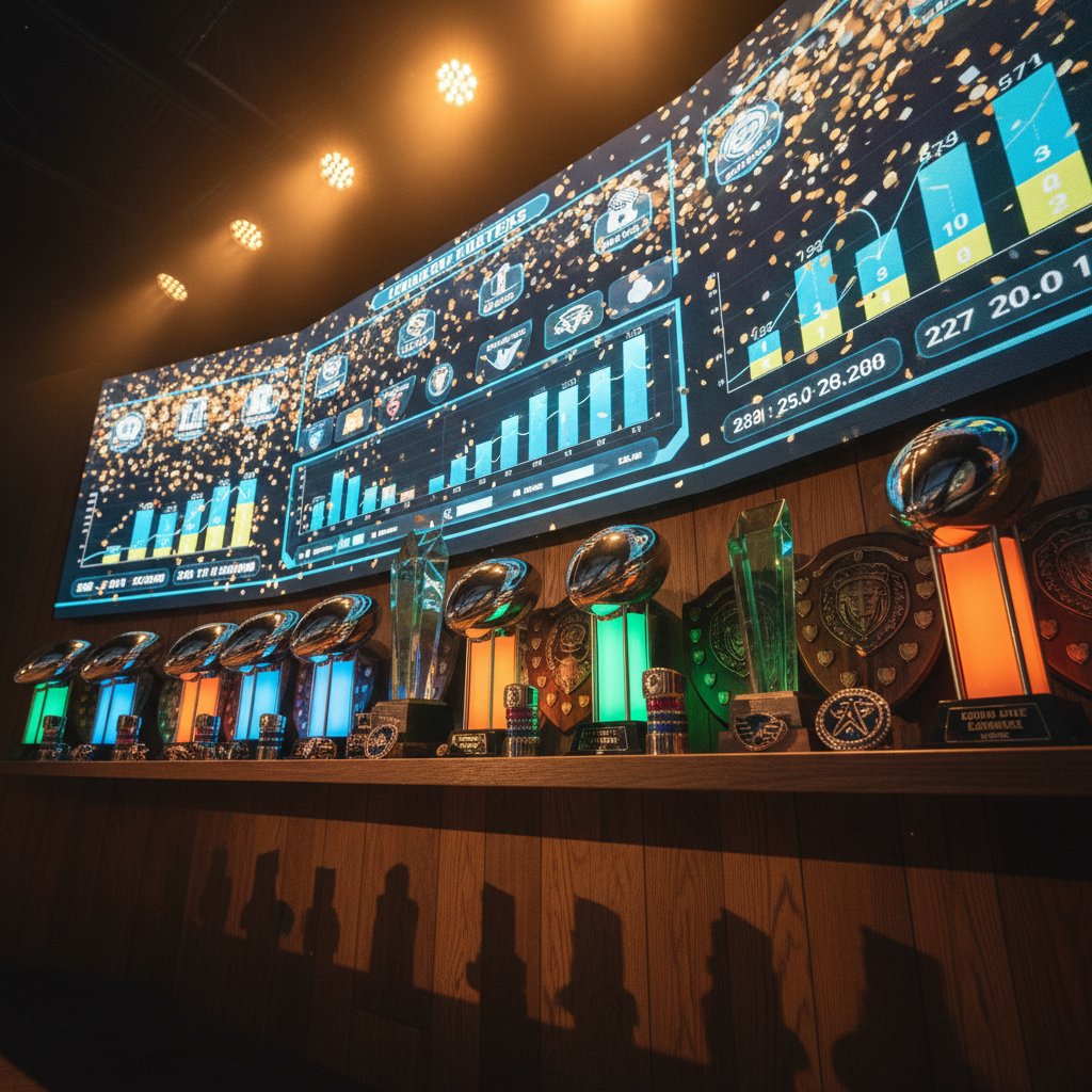 An end-of-season fantasy football celebration scene rendered in bold photographic realism: a long, dark oak shelf lined with multiple league trophies of varying shapes—towering chrome footballs, angular glass awards, and heavy bronze shields—each glowing with soft internal light. In front of the trophies lie stacks of color-coded championship rings and metallic badges representing different leagues. The backdrop is a massive, curved digital display showing stylized confetti, upward-trending performance graphs, and abstract scoreboard visuals. Warm golden-hour style spotlights from above bathe the trophies in a triumphant glow, casting rich, elongated shadows on the wall. Captured from a low, sweeping angle with a wide lens and strong depth of field, the mood is triumphant, bold, and obsessive about collecting every possible fantasy football championship.